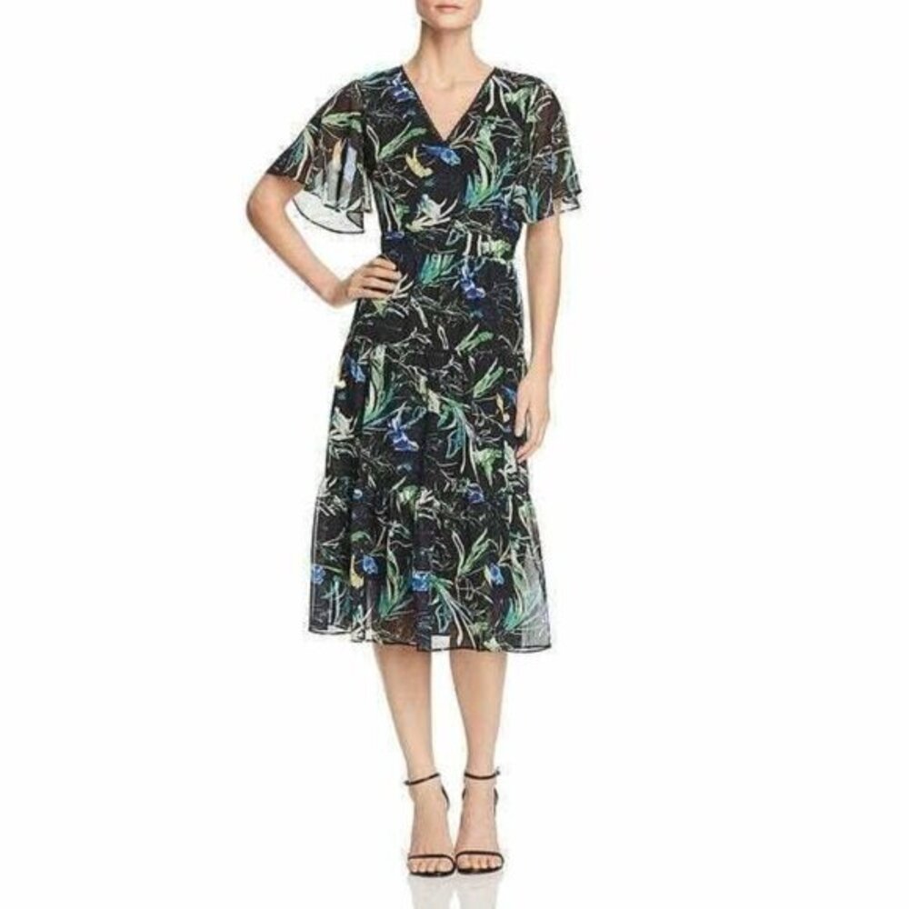 Le Gali Dress Printed Chiffon Flounce Midi Black Green Dress Sz 8 NWT $159